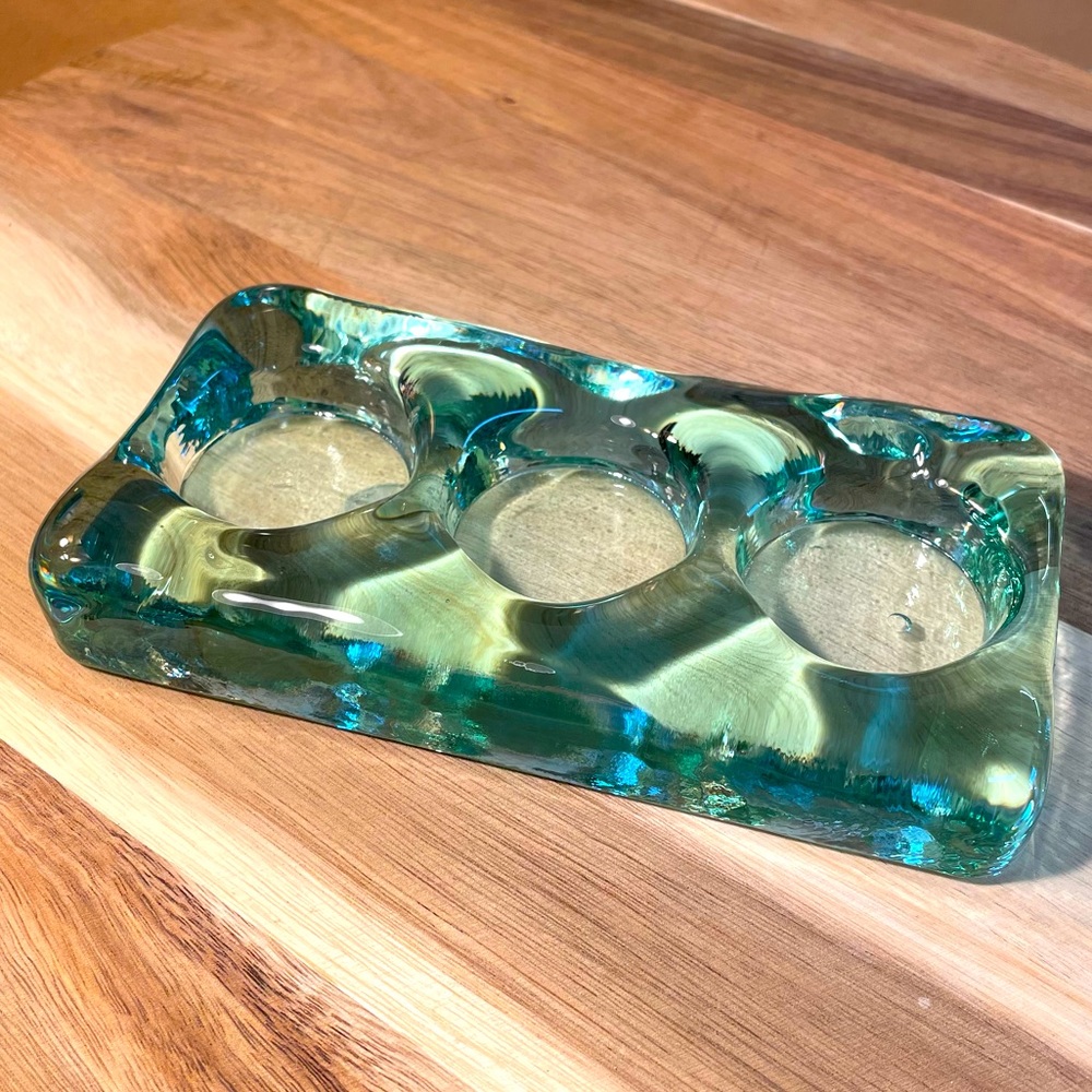 Vintage Recycled Green ICE Glass Tea Light Holder 3 candle Stand